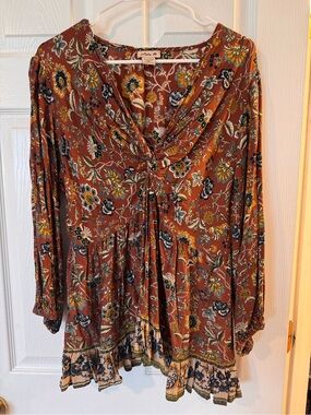 Floral Rust V-Neck Long-Sleeve Tunic Top